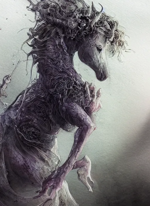 Image similar to portrait, a Baby zombie Unicorn, watercolor, dramatic lighting, cinematic, establishing shot, extremely high detail, foto realistic, cinematic lighting, pen and ink, intricate line drawings, by Yoshitaka Amano, Ruan Jia, Kentaro Miura, Artgerm, post processed, concept art, artstation, matte painting, style by eddie mendoza, raphael lacoste, alex ross