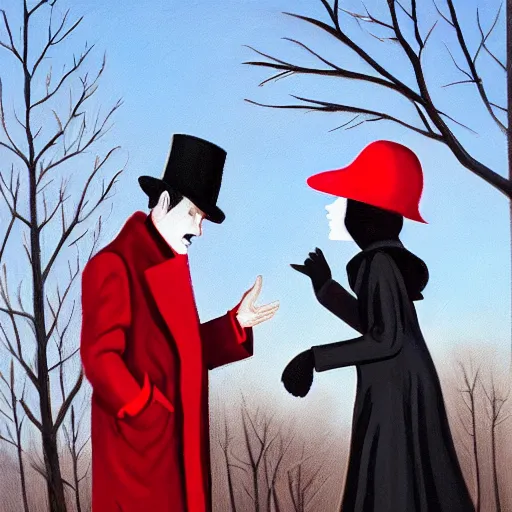 Prompt: A thin man in a black coat and bowler hat talks with small girl dressed in a red coat and a red hat, park, autumn, oil painting style, wide angle, high detail, width 768