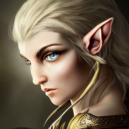 Prompt: side portrait of a young female elven warrior, fantasy, white hair, gold armour, white skin, scarred face, trending on artstation, gsociety, D&D, elegant, highly detailed, realistic eyes, detailed illustration, smooth, sharp focus, upper body, intricate, rule of thirds, holy glow, backlit, dark background hd 4k by Greg Rutkowski, Alphonse Mucha, Ayami Kojima, Charlie Bowater, Artgerm, Loish, Kentaro Miura, Karol Bak, Greg Hildebrandt, Norman Rockwell