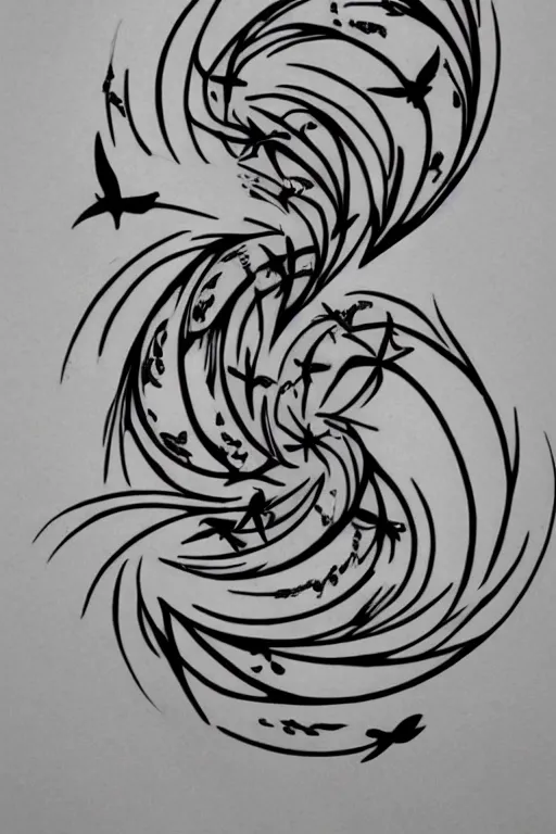 Image similar to a simple tattoo design of birds flying in a 8 spiral, black ink, logo