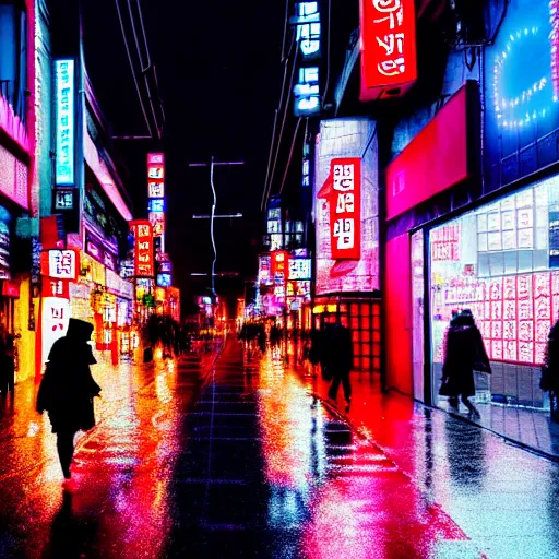 Image similar to photo of a rainy night in a cyberpunk street in seoul, storefronts are made out of neons, a cyberpunk woman is walking in the middle of the street. hyper realistic rendering photography, long shot, 4 k