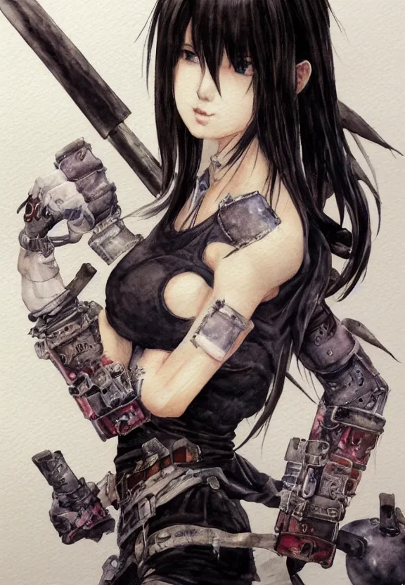 Prompt: tifa lockhart, watercolor painting, full - body, ukiyo - e, nouveau, concept art, 8 0's fantasy art, yoshitaka amano, highly detailed, intricate, trending on artstation, award - winning