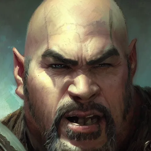 Prompt: well - groomed orc bard, goatee, bald, thoughtful expression, fantasy character portrait by greg rutkowski, gaston bussiere, craig mullins
