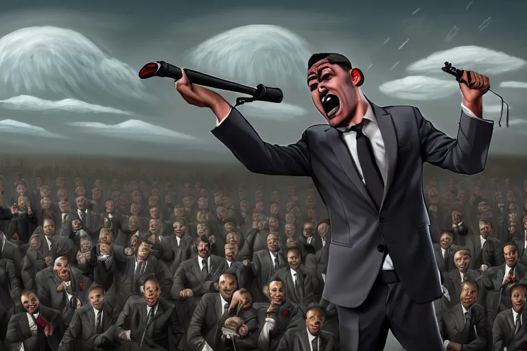 Image similar to Comedian in suit and tie performing in a battle-field with dead bodies on the ground, detailed face, comedian is funny, performing to dead soldiers, nuclear cloud in horizon, apocalypse, trending on artstation, artstationHD