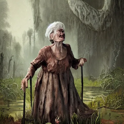 Image similar to fantasy portrait of an emaciated yet energetic old woman with silky, cloudy grey hair, black scars on her face, swamp vegetation in the background, nocturnal palette, art by greg rutowski, raphael lacoste, eddie mendoza