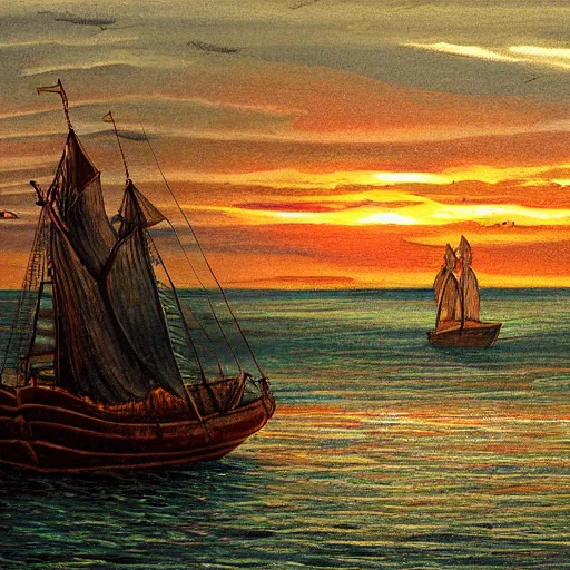 Image similar to medieval ship on the sea, sunset, painting style claude gellee