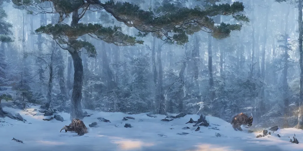 Image similar to Wolverine at japan forest, Greg Rutkowski, trending on Artstation, 8K, ultra wide angle, establishing shot, pincushion lens effect, zenith view