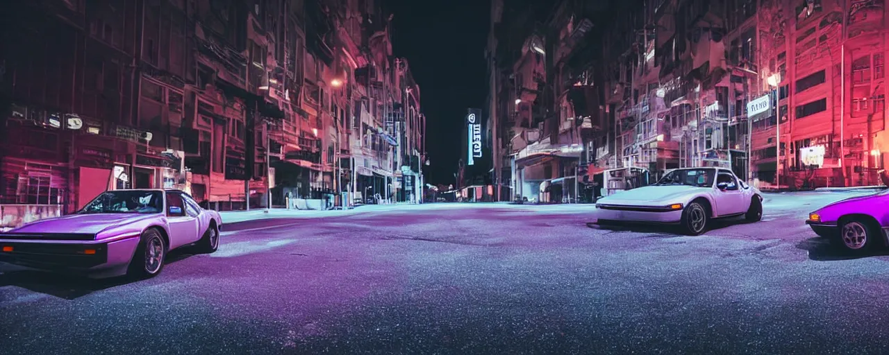 Image similar to 80s sports cars parked on deserted city street at night time purple lighted street retro-wave vibes grainy soft motion blur, cinematic, low wide angle shot