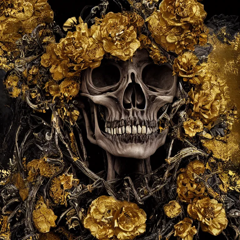 Image similar to A beautiful oil painting hyperrealism of a decayed black skeleton head, rotting black clay skin, bones, close up, gold flowers, gold floral headdress, 8k resolution, octane render, Trending on artstation, by Gediminas Pranckevicius, volumetric light 2blue fractal Thunder glow by dan mumford, anaglyph effect, Laurie Lipton