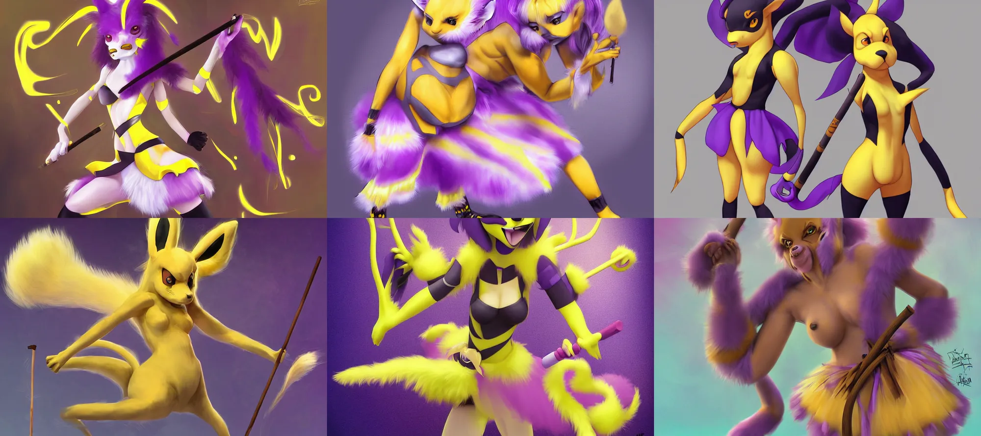 Prompt: anthropized renamon woman in a tutu holding a stick, digital art, highly detailed, synthetic fur, artstation artgerm arvalis