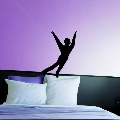 Image similar to Digital art of a silhouette of a person flying above their bed, the ceiling is a beautiful dream world, bedroom, trending, award winning