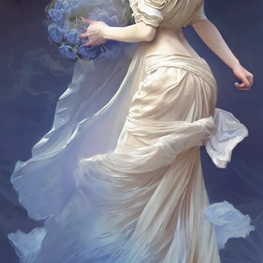Image similar to woman dressed in a vaporous wrapped large victorian cream roses silk semi-transparent blue and cream dress fashion is running D&D, fantasy, intricate, elegant, highly detailed, digital painting, artstation, concept art, matte, sharp focus, illustration, art by Artgerm and Greg Rutkowski and Alphonse Mucha