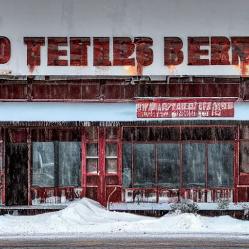 Image similar to a run down restaurant on a snowy street in the american rust belt, sharp, detailed