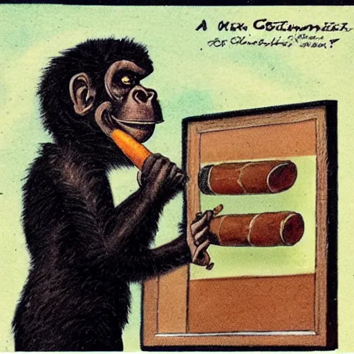 Prompt: a gentleman chimp who is smoking a cigar while presenting the weather report