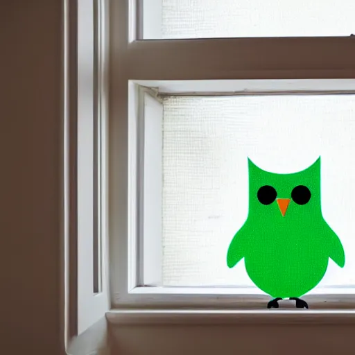 Image similar to green duolingo owl outside a window, living room, night, dark, lamp