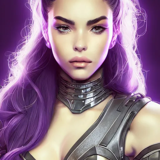Image similar to close up portrait of a madison beer in smooth purple sci - fi armor, long black ponytail, elegant, intense, woman, an ultrafine hyperdetailed illustration by kim jung gi, irakli nadar, intricate linework, sharp focus, bright colors, octopath traveler, final fantasy, unreal engine 5, global illumination, radiant light