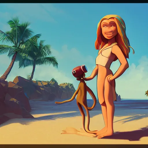 Image similar to monkey holding a camera in the Beach, mattepainting concept Blizzard pixar maya engine on stylized background splash comics global illumination lighting artstation lois van baarle, ilya kuvshinov, rossdraws