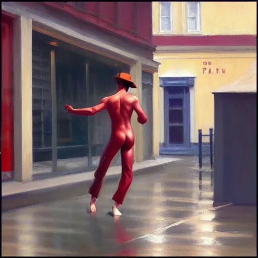 Image similar to man dancing in the rain, edward hopper, hajime sorayama, trending on artstation,