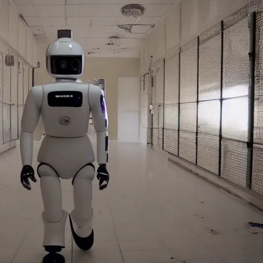 Image similar to ASIMO robot walking through haunted asylum, GoPro