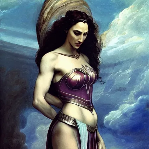 Image similar to Full body oil painting of the beautiful goddess Gal Gadot as Venus, she is wearing roman clothes and a surreal jewelry, her hair is natural disheveled, she is approaching heaven over the clouds, naturalism, dramatic lighting, high-detailed oil painting by Ilya Repin, Michelangelo da Caravaggio, William Blake, Alex Grey and Beksinski, trending on Artsation, hystorical painting, naturalism, masterpiece, 4k, 8k,