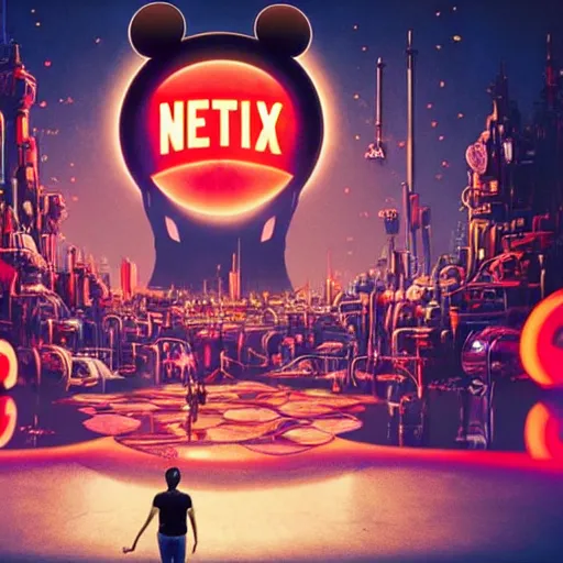 Prompt: a group of people around a giant giant mickey mouse head with blood, netflix logo, cyberpunk art by david lachapelle, cgsociety, dystopian art by industrial light and magic, concept art, neons, interior