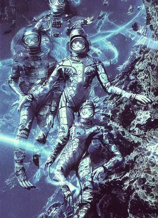 Image similar to astronauts divers in dark void underwater - complex and hyperdetailed technical suit design. reflection and dispersion materials. rays and dispersion of light. volumetric light. f / 3 2. noise film photo. flash photography. ultra realistic, 5 0 mm. poster by wayne barlowe, hajime sorayama aaron horkey, craig mullins