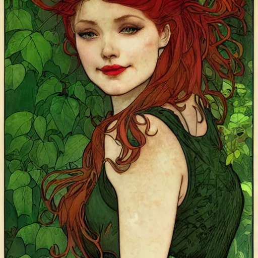 Prompt: a beautiful painting of poison ivy dressed as mary jane watson, intricate, elegant, highly detailed, digital painting, artstation, concept art, matte, sharp focus, illustration, art byby rebecca guay and by arthur rackham and by alphonse mucha and by john william waterhouse, comic book style!!