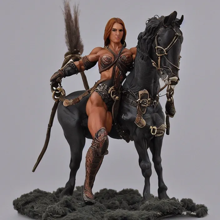 Image similar to 80mm resin detailed miniature of a Muscular Woman warrior standing next to a Horse, beautiful bone structure, symmetrical facial features, Product Introduction Photos, 4K, Full body, simple background