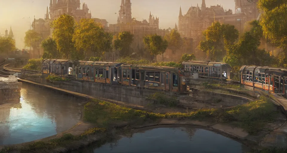 Image similar to An urban train rides inside of a waterway on a fantasy city, next to a fountain and a mystical palace,, hyperdetailed, artstation, cgsociety, golden hour 8k