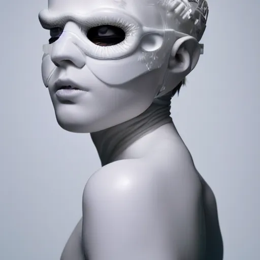 Prompt: full head and shoulders, beautiful female porcelain sculpture with all white 3 d cyborg elements, white prosthetic eyes, 3 d goggles, smooth, all white features on a white background, delicate facial features, white eyes, white lashes, detailed white liquid, cyberpunk, anatomical by daniel arsham and james jean