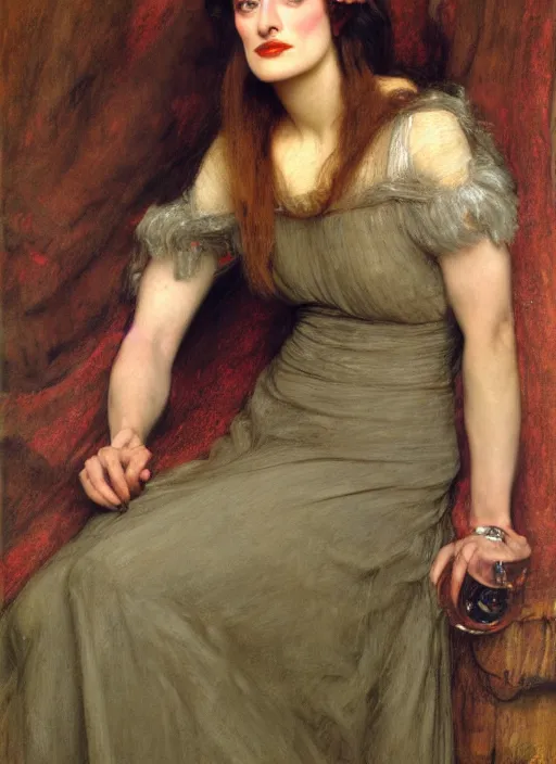 Image similar to a beautiful painting of joan crawford by John Everett Millais and Dante Gabriel Rossetti and John Collier and john william waterhouse, pre-raphaelite, detailed, trending on artstation, hd, masterpiece