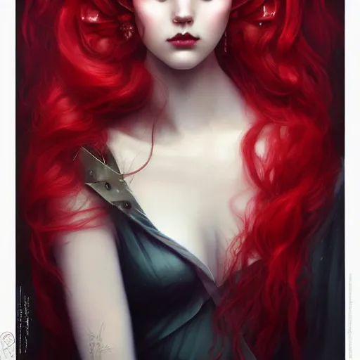 Prompt: princess of darkness, style of tom bagshaw, artgerm, james jean, piercing eyes, long glowing red hair, cinematic, highly detailed, award winning