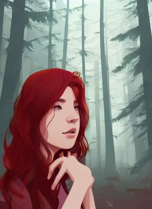 Prompt: a teenager with red hair sits peacefully in a misty forest. clear detailed face. clean cel shaded vector art. shutterstock. behance hd by lois van baarle, artgerm, helen huang, by makoto shinkai and ilya kuvshinov, rossdraws, illustration, art by ilya kuvshinov