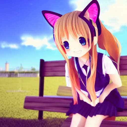 Prompt: 3 d photo of an anime girl with cat ears and long blond hair looking to her side, sitting on a bench with a park behind her, bokeh, shader, anime art style, highly detailed, cel - shaded, colorful, animated, trending