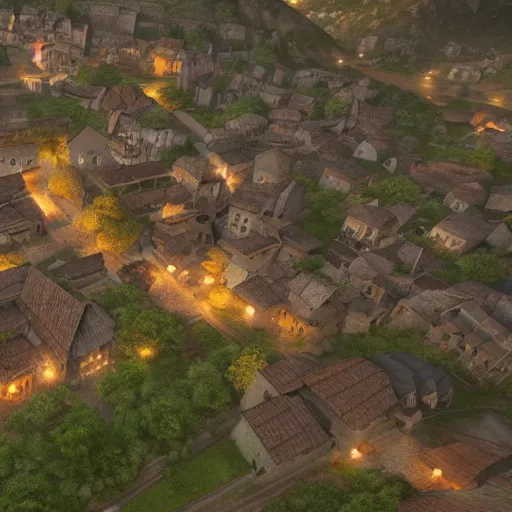 Image similar to the center of a poor medieval town under heavy rain at late dawn, in a valley, surrounded by mountains, highly detailed, octane, ultra detailed cinematic, 8 k, widescreen, 1 6 : 9, hd