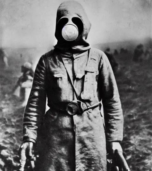 Image similar to a man wearing detailed hooded gas mask at distance, ww1 film photo, grainy, high detail, high resolution