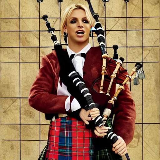 Prompt: epic realistic portrait of britney spears in scottish clothes and bagpipe, hd, 4 k, 8 k, detailed,