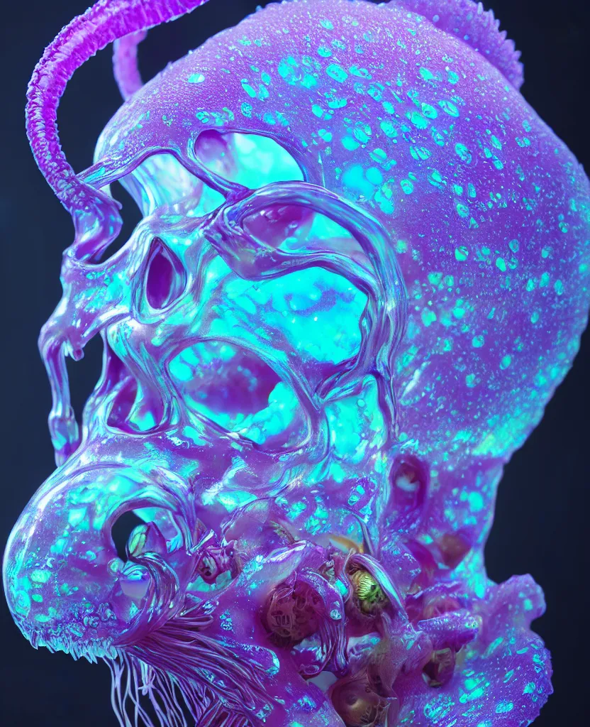 Image similar to close-up portrait of skull dichroic orchid jellyfish skull, betta fish, bioluminiscent creatures, intricate artwork by Tooth Wu and wlop and beeple. octane render, trending on artstation, greg rutkowski very coherent symmetrical artwork. cinematic, hyper realism, high detail, octane render, 8k