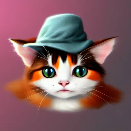 Prompt: a cute calico cat in a hat, artstation, cgsociety, storybook art