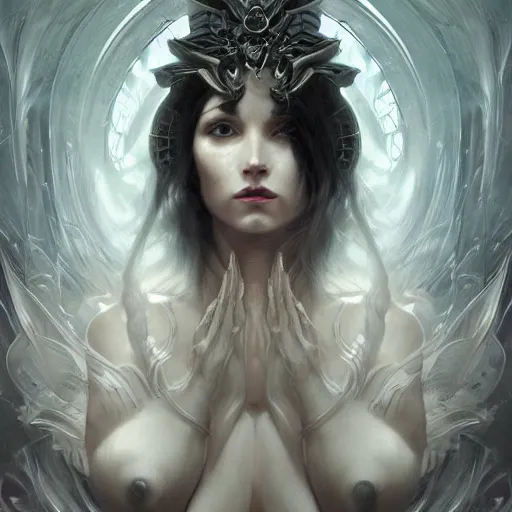 Image similar to portrait of a destruction goddess, intricate chaos, evil, elegant, highly detailed, death, digital painting, satan, artstation, lucifer, concept art, smooth, sharp focus, illustration, art by artgerm and greg rutkowski and nekro borja and mucha and william - adolphe bouguereau