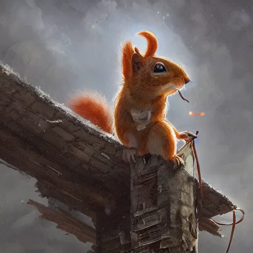 Image similar to Anthropomorphic Squirrel wearing a Cloak sitting otop a roof in a decimated city, concept art,like a action book cover,by rossdraws and greg rutkowski,Leonardo DaVinci