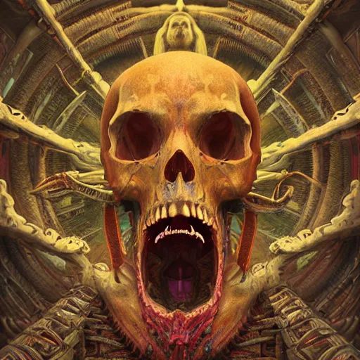 Prompt: gigantic skull of evil screaming, metal, perfect symmetry, mandala, fantasy painting, ultra realistic, wide angle, art nouveau, intricate details, digital painting, rainbowshift, vivid colors, highly detailed by peter mohrbacher, h. r. giger, maxfield parrish, craig mullins, octane render, cgi