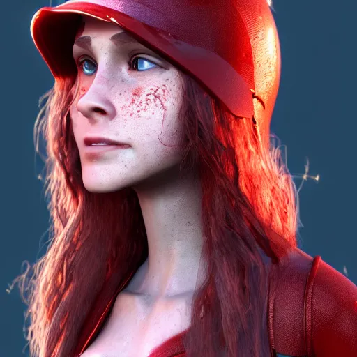 Image similar to a very beautiful 3d scarlet witch, long hair, hazel eyes, cute freckles, full round face, short smile, golden hour, post apocalyptic setting, medium shot, mid-shot, highly detailed, trending on Artstation, Unreal Engine 4k