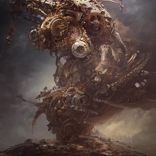 Prompt: A beautiful detailed volumetric 2D mechanical steampunk mech android killer blood by ellen jewett, tomasz alen kopera and Justin Gerard