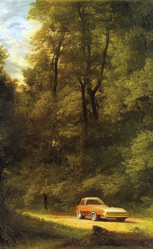 Prompt: artwork painting of a lush environment, volumetric light rays, a car parked by the lake with the trunk open by eugene von guerard, ivan shishkin