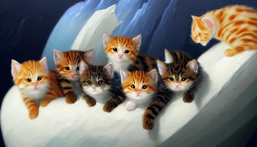 Prompt: highly detailed painting of cute baby furry pumpkin kitty cats on a blue and white iceberg by william turner, by greg rutkowski, by william constable, thick brush strokes and visible paint layers, 4 k resolution