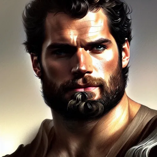 Image similar to Henry Cavill is a rugged ranger, D&D, muscular, fantasy, intricate, elegant, highly detailed, digital painting, artstation, concept art, smooth, sharp focus, illustration, art by artgerm and greg rutkowski and alphonse mucha