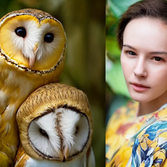 Image similar to portrait photograph of an extremely beautiful!!!! young female , symmetric face!, symmetric round detailed eyes!!, slight smile, natural light, wearing a yellow kimono!! with a very detailed barn owl! on her shoulder in a tropical greenhouse. looking at the camera!!. golden crown made of golden leaves. super resolution. Extremely detailed. Graflex camera!, bokeh!!!!! trending on artstation.