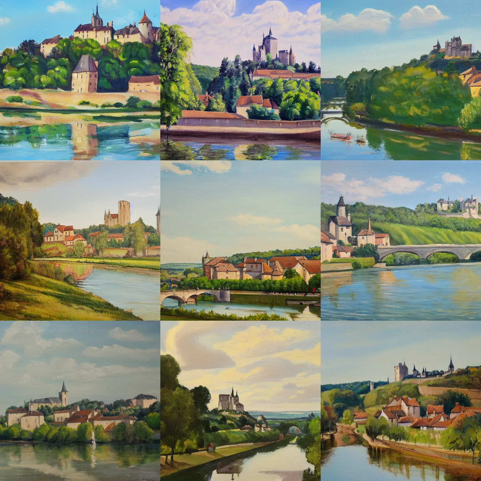 Prompt: a painting of the dordogne river in france, castle in the distance, village in the foreground.