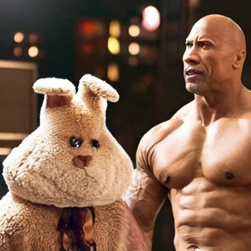 Prompt: Kevin Hart dressed in a bunny costume with Dwayne the Rock Johnson in a movie